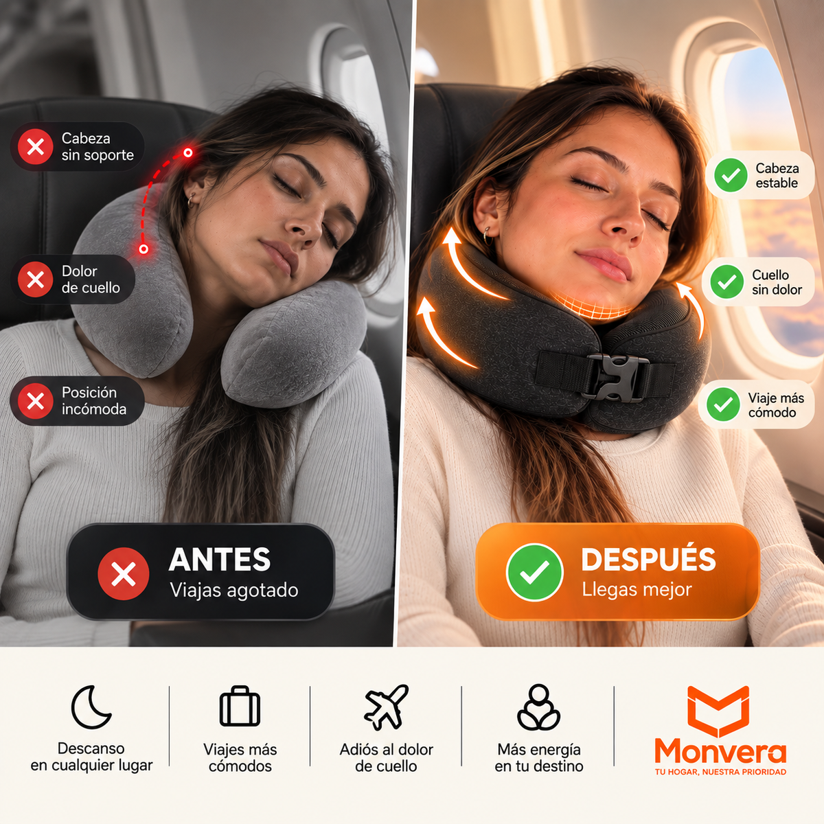 Monvera™ – La MEJOR Almohada de Viaje ✈️ | ¡Adiós al Dolor de Cuello!